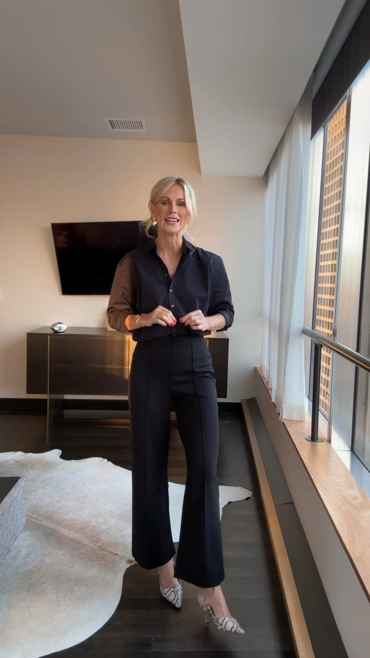 Spanx Ponte pant & black poplin button up. If in-between sizes, I would go down in the pants. Wearing a small in the top  

#LTKOver40 #LTKStyleTip #LTKWorkwear