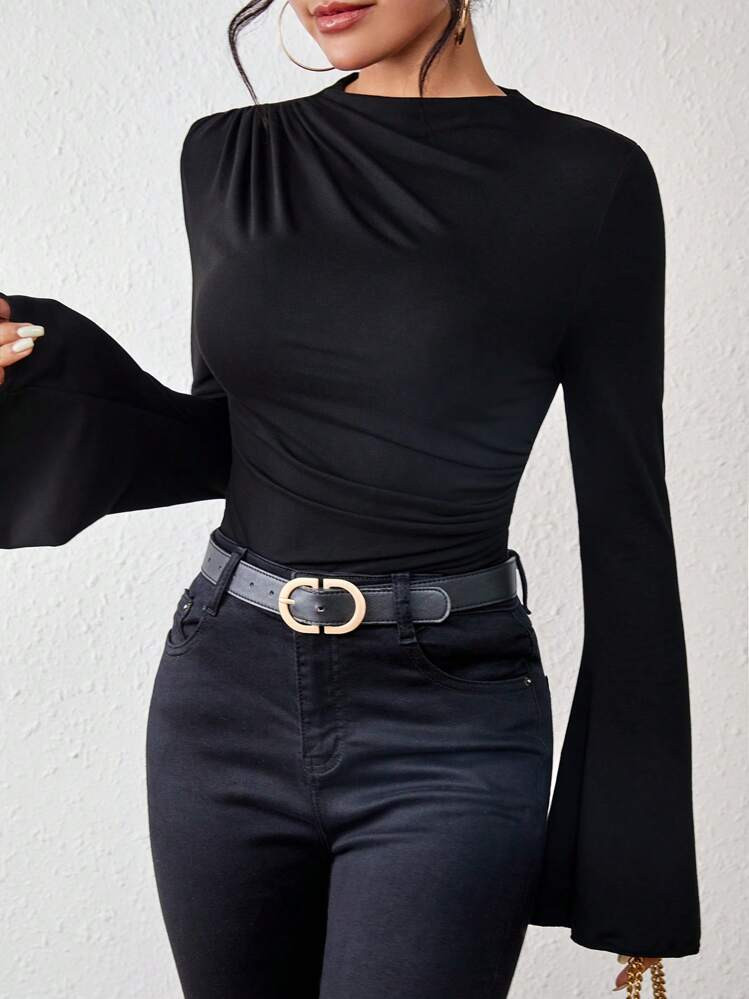 Chiquease Solid Ruched Front Flare Sleeve Tee Fall Cloth For Women | SHEIN