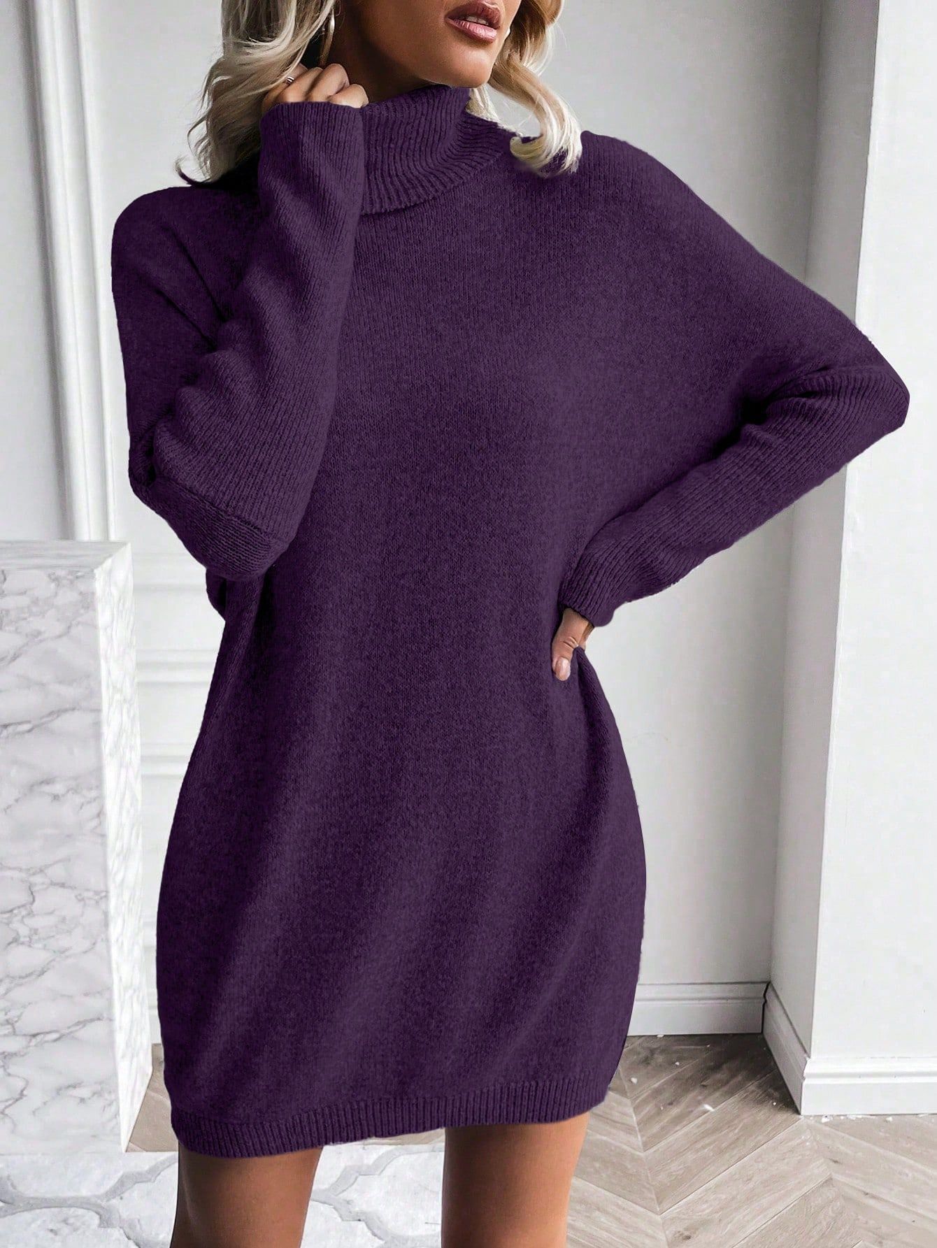 SHEIN LUNE Women's High Neck Batwing Sleeve Sweater Dress | SHEIN