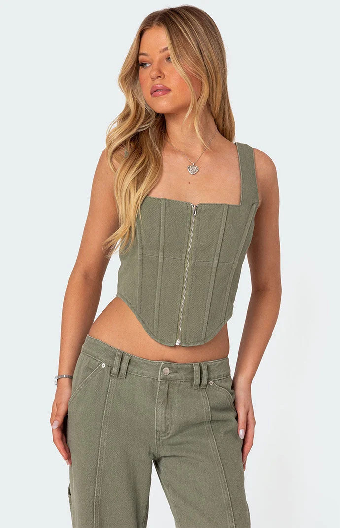 Edikted Women's Lottie Washed Denim Zip Corset in Olive - Size Small | PacSun