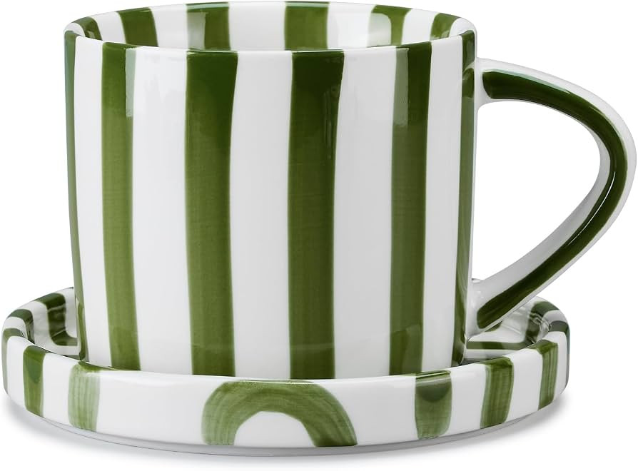 Ceramic Coffee Mug and Saucer Set, Hand Painted Stoneware Coffee Mug Cup & Saucer Sets, 8 oz Tea Cup with Handle, Microwave & Dishwasher Safe (Green stripes) | Amazon (US)