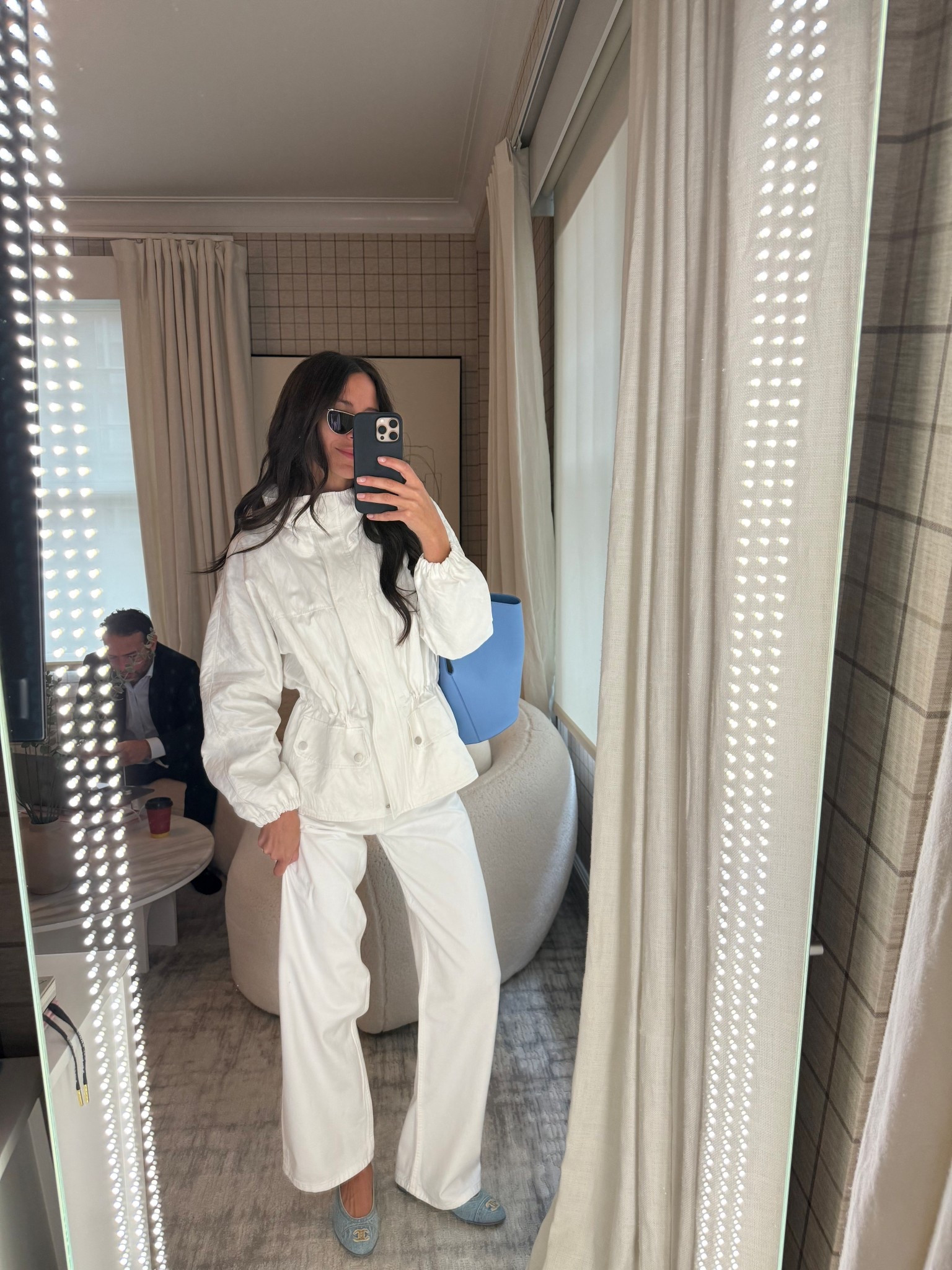 An all white outfit with blue accessories! Linked my bag in navy and similar for my flats