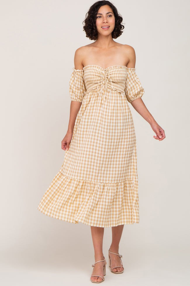 Camel Gingham Sweetheart Neck Front Tie Off Shoulder Midi Dress | PinkBlush Maternity
