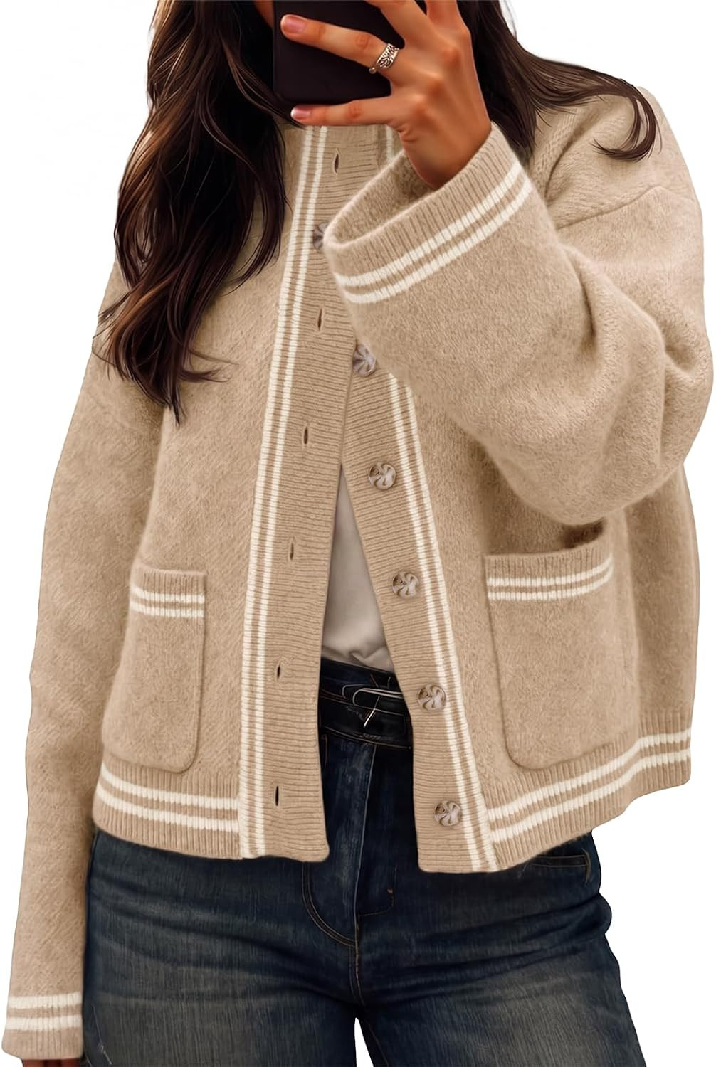 Cicy Bell Womens Chunky Knit Cardigan Striped Trim Mock Neck Trendy Sweater | Amazon (US)