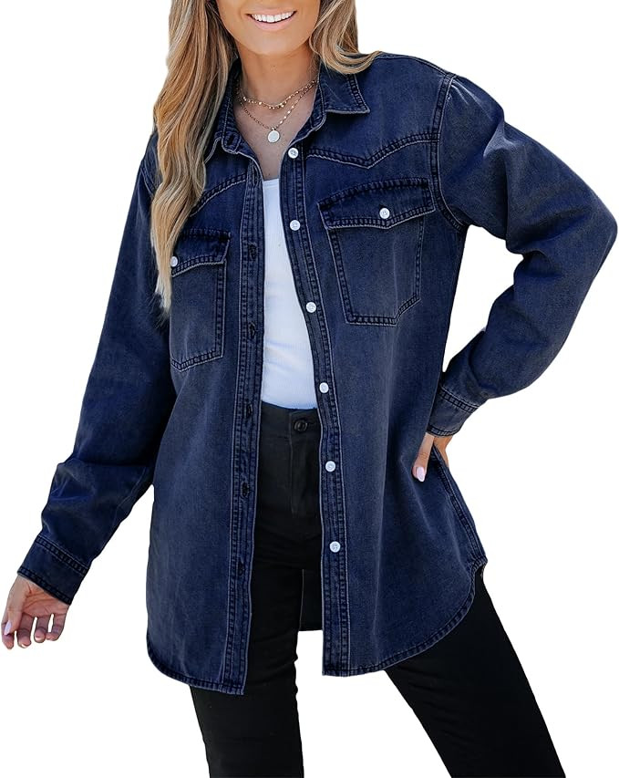 luvamia Long Denim Jacket for Women Lightweight Trendy Jean Button Down Shirts Jackets Oversized ... | Amazon (US)