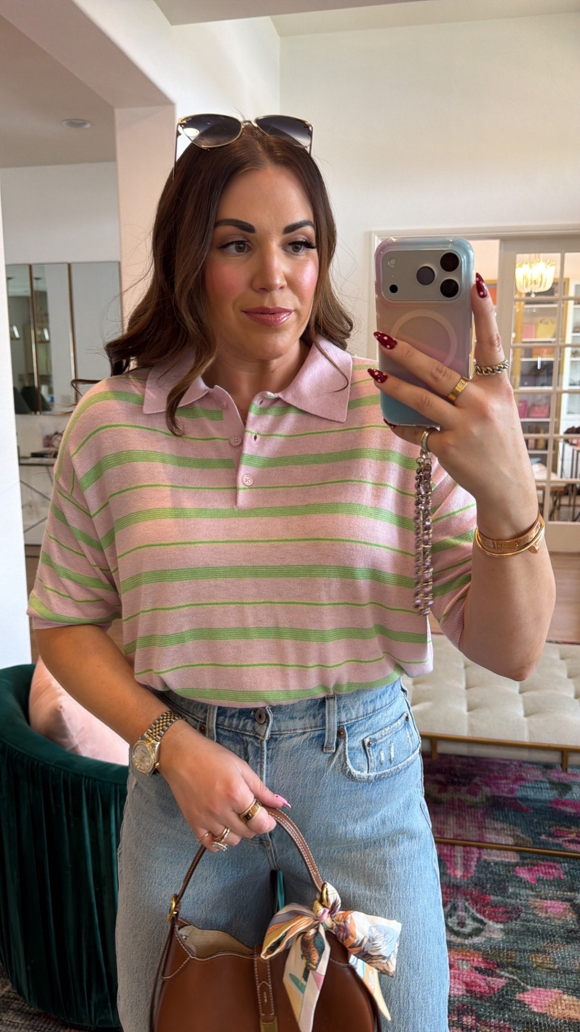 curvy midsize spring casual outfit 🩷💚 wearing size large in pink and green striped polo top (runs big, i could have sized down) and size 29 in light wash barrel denim 

#LTKMidsize #LTKSeasonal