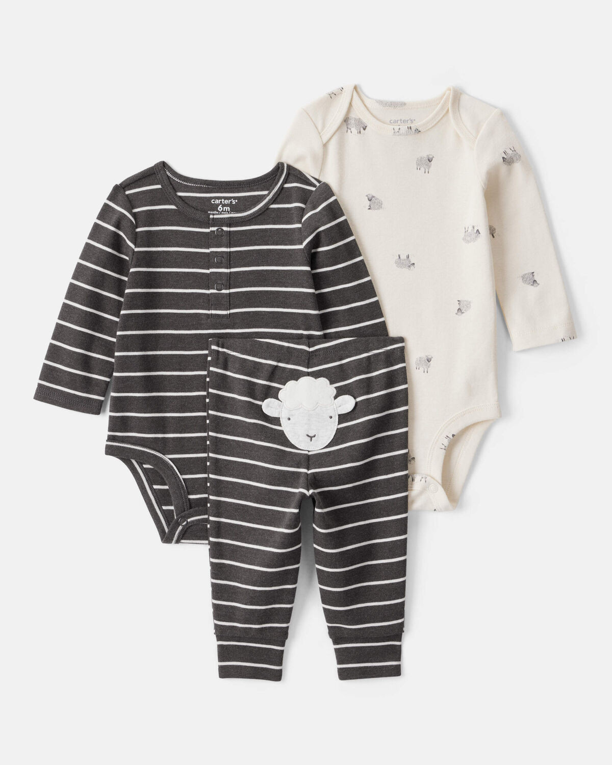 White/Black - Baby Boy 3-Piece Striped Sheep Print Long-Sleeve Bodysuits & Pant Set - White/Black... | Carter's Inc