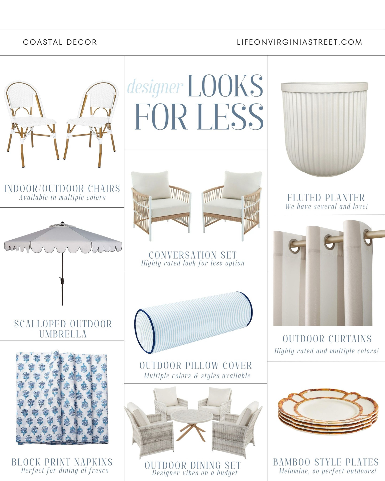 The cutest new coastal patio decor designer looks for less! Includes white outdoor bistro chairs, rope style conversation set, fluted planter, scalloped umbrella, striped outdoor bolster pillow, cabana stripe outdoor curtains, block print napkins, outdoor dining set, and bamboo melamine plates! See even more finds here: https://lifeonvirginiastreet.com/home-decor-looks-for-less-2/
.
#ltkhome #ltksalealert #ltkseasonal #ltkfindsunder100 #ltkfindsunder50 #ltkstyletip #ltkover40 coastal decorating dress, budget decor, neutral decor, grandmillennial decor, coastal grand 

#LTKhome #LTKfindsunder50 #LTKSeasonal