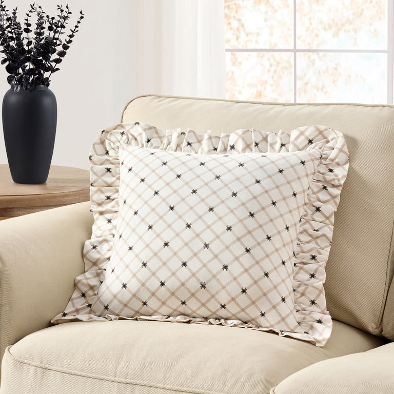 My Texas House Halloween Ivory Plaid Spiders Ruffle Decorative Pillow, 18" x 18" | Walmart (US)