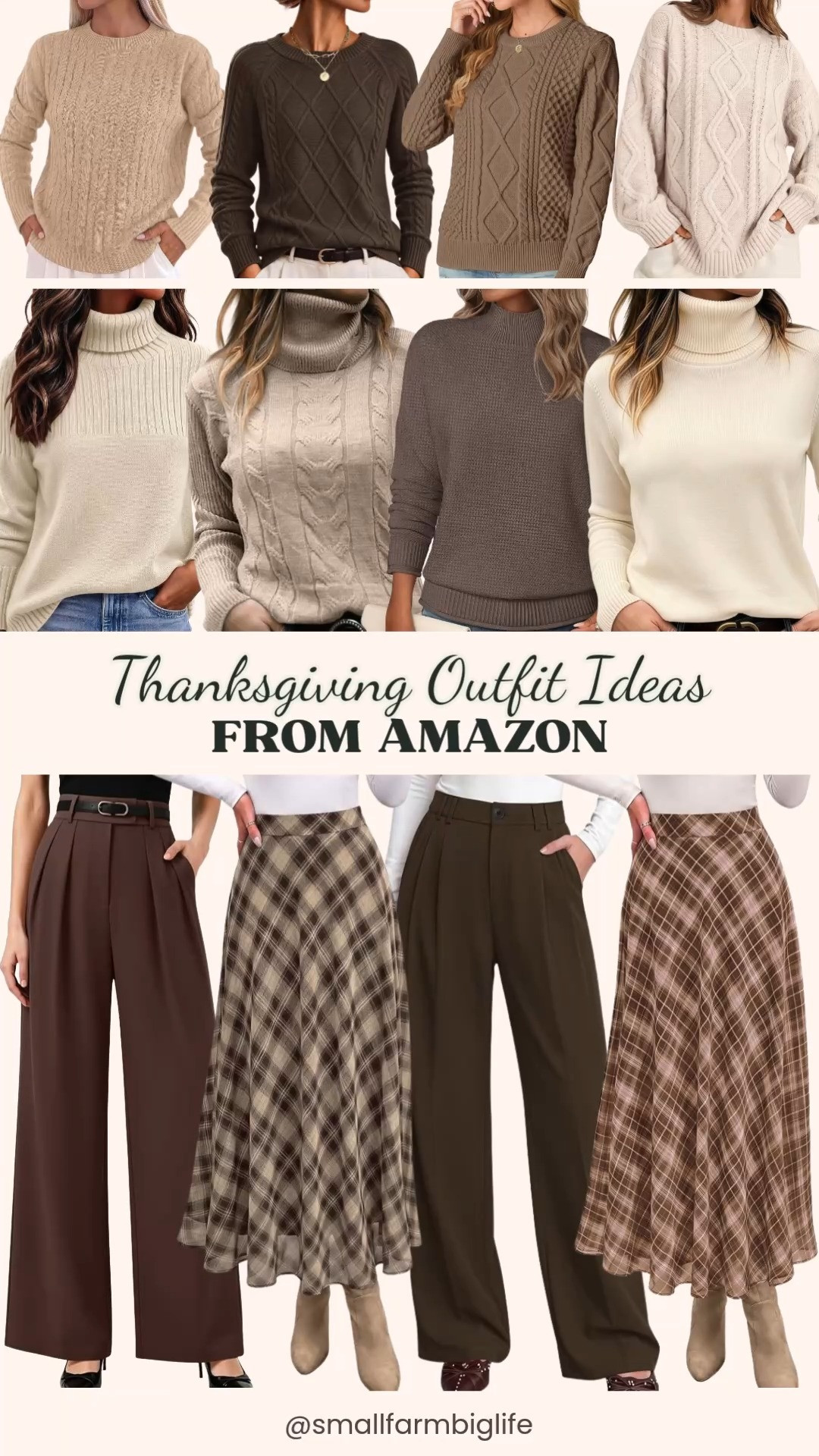 🦃 Thanksgiving Outfit Ideas From Amazon

These Thanksgiving outfit ideas start with a cozy fall sweater and a flowy skirt or wide leg pants, which makes for an easy outfit that stays comfortable through the whole holiday meal. The cable knit sweaters include a brown chunky crew neck, a camel crewneck pullover, a light coffee vintage style cable knit, and a cream oversized cable knit with a quiet luxury feel. For turtleneck sweaters, pick a beige loose knit with ribbed cuffs, a light brown drop shoulder pullover, a cream turtleneck with a split hem, or an oatmeal cable knit turtleneck. Pair any of them with a brown and khaki or brown plaid A line maxi skirt with an elastic waist, or with coffee or dark brown wide leg palazzo pants with a pleated front. These cozy fall outfits are dressy casual enough for Thanksgiving dinner and polished enough for work, and the relaxed fits and flowy bottoms make them great fall outfits for women over 50. Mix and match the neutral sweaters with the plaid skirts and wide leg trousers to build several fall outfits from one Amazon fall fashion haul.

#amazonfashion #amazonfinds #thanksgivingoutfit #fallsweaters #falloutfits #cozyoutfits 

 #LTKootd #LTKOver40 #LTKWorkwear