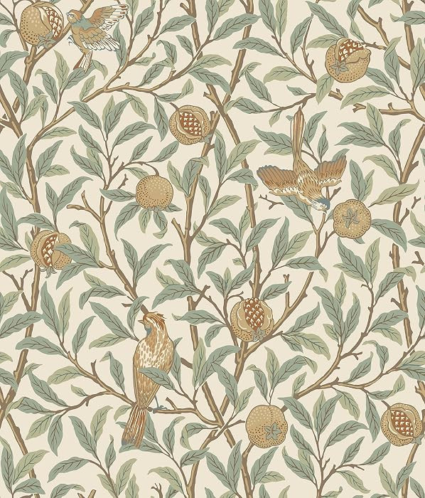 NuWallpaper x Morris & Co. Bird and Pomegranate Linen and Sage Peel and Stick Wallpaper, MCS6593 | Amazon (US)