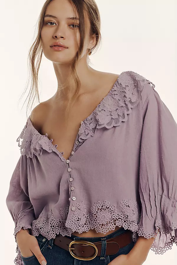 By Anthropologie Linen Blend Lace-Collar Blouse | Anthropologie (US)