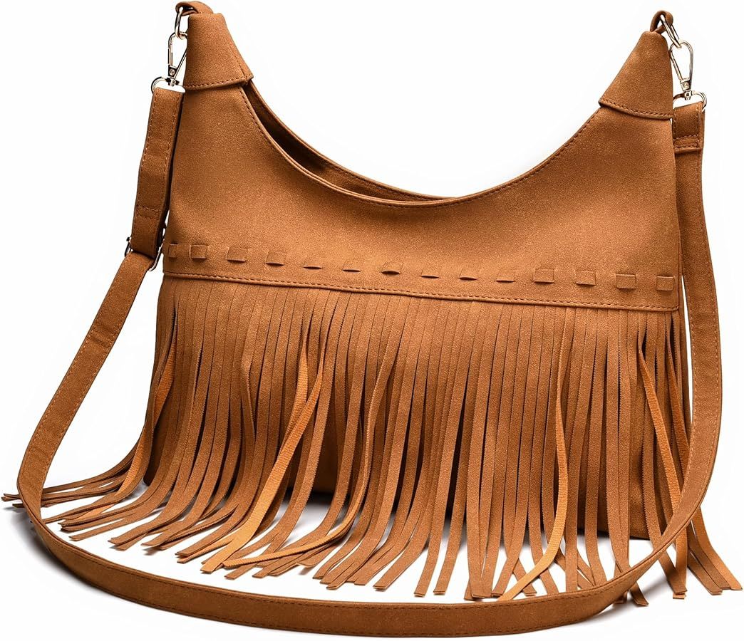 Women Tassel Fashion Hobo Bag Faux Suede Fringe Crossbody Bags Shoulder Purse | Amazon (US)