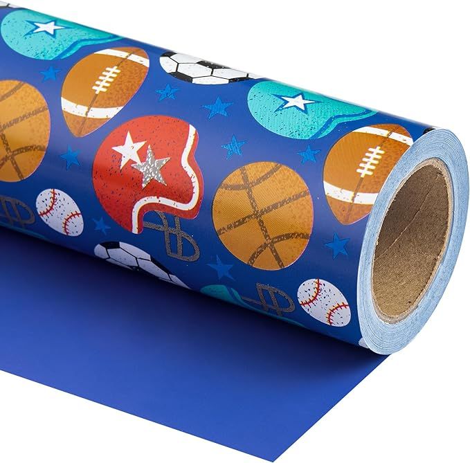 WRAPAHOLIC Reversible Wrapping Paper - Mini Roll - 17 Inch X 33 Feet - Ball Design with Solid Blu... | Amazon (US)