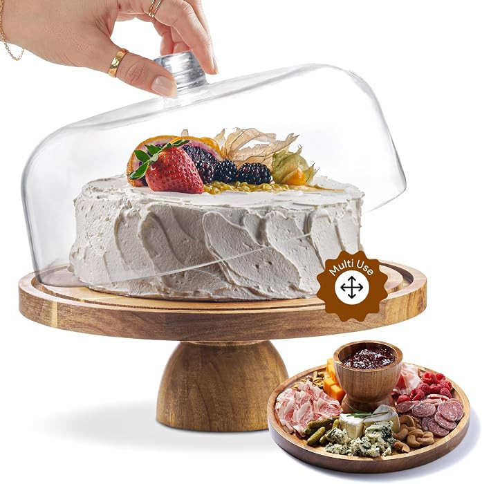 HOMESPHERE Wood Cake Stand with Lid, 2-in-1 Charcuterie Board, Round dome | Amazon (US)