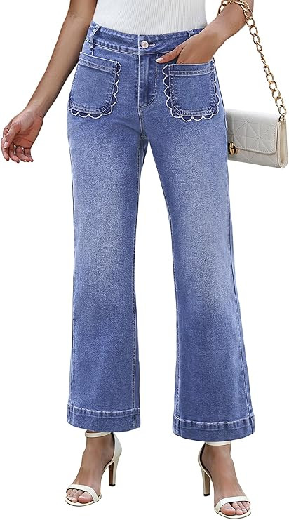 IWD Wide Leg Jeans for Women High Waisted Trendy Scallop Pocket Flare Jeans Stretchy Baggy Croppe... | Amazon (US)