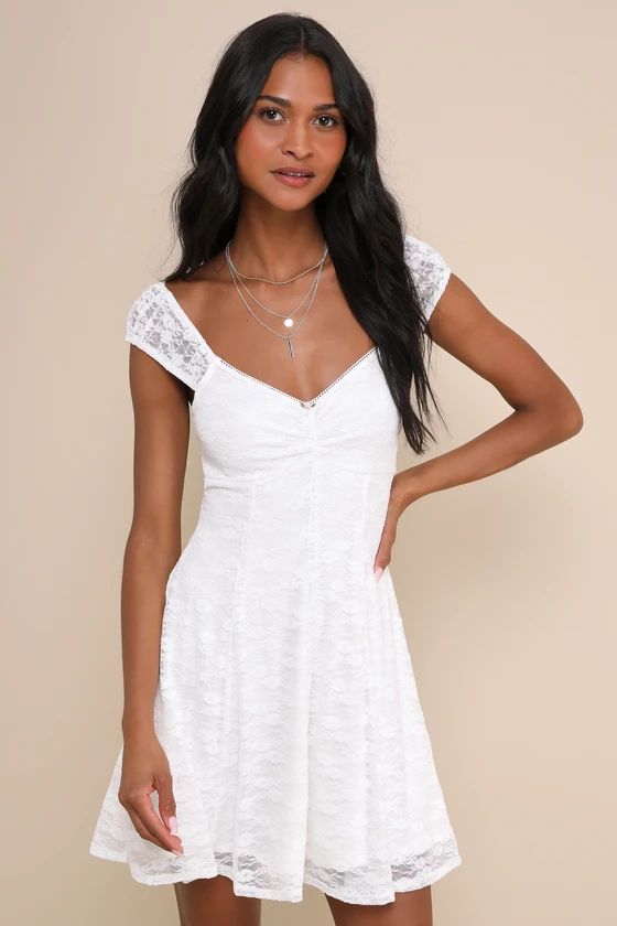 White Floral Lace Rosette Cap Sleeve Mini Dress | White Floral Dress | White Dress Summer  | Lulus