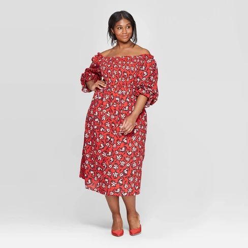 Women's Plus Size Floral Print Elbow Sleeve Square Neck Shirred Midi Dress - Who What Wear™ | Target