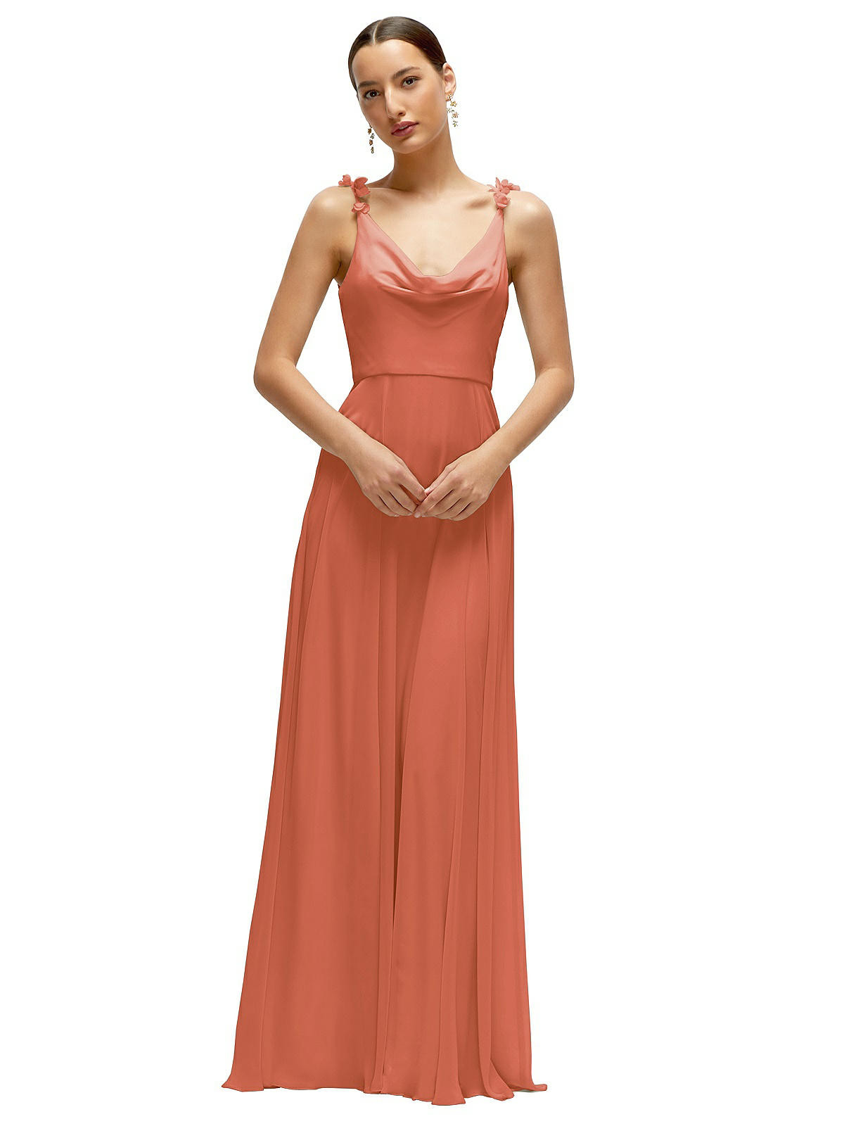 Cowl Neck Chiffon Maxi Dress with Hand-Worked Petal Straps in Terracotta Copper | Dessy Group