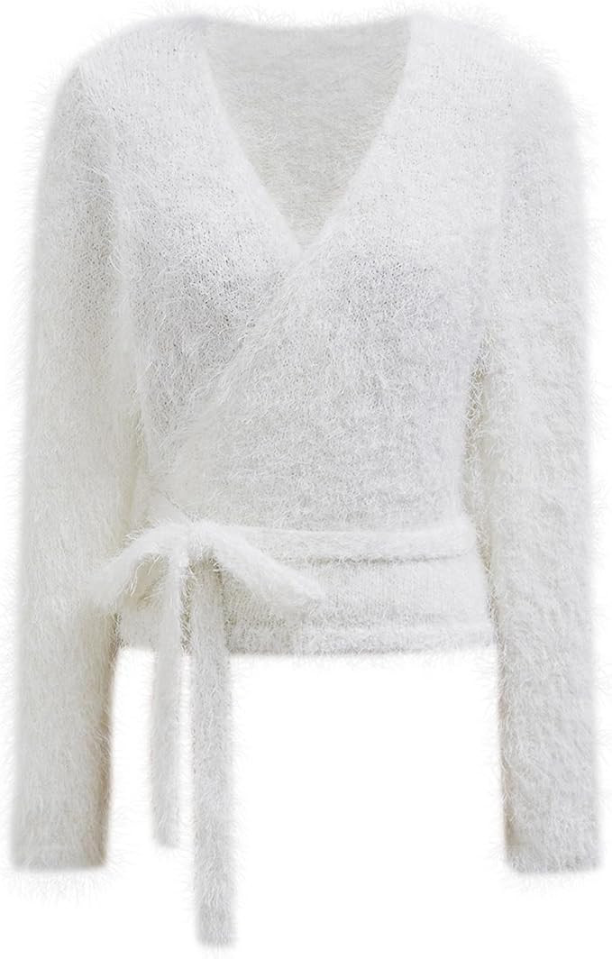 CHICWISH Women Fuzzy V Neck Wrap Knit Top Tie Waist Knot Long Sleeve Soft Pullover Sweater Casual... | Amazon (US)