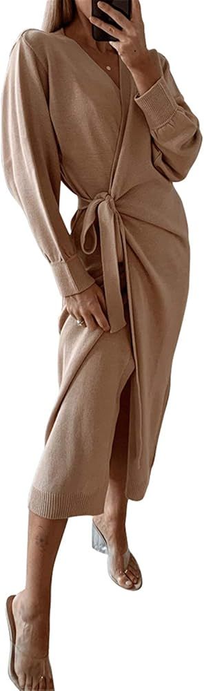 Byinns Women's Knit Sweater Dresses Casual Solid Long Sleeve Loungewear Wrap Split Maxi Dresses w... | Amazon (US)