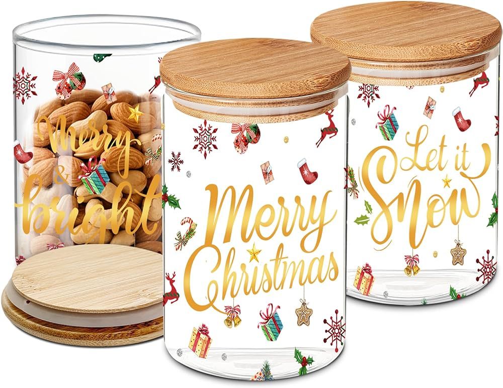 Christmas Decor 3 Pack Glass Storage Jars with Airtight Bamboo Lid - Merry Christmas Canisters Se... | Amazon (US)