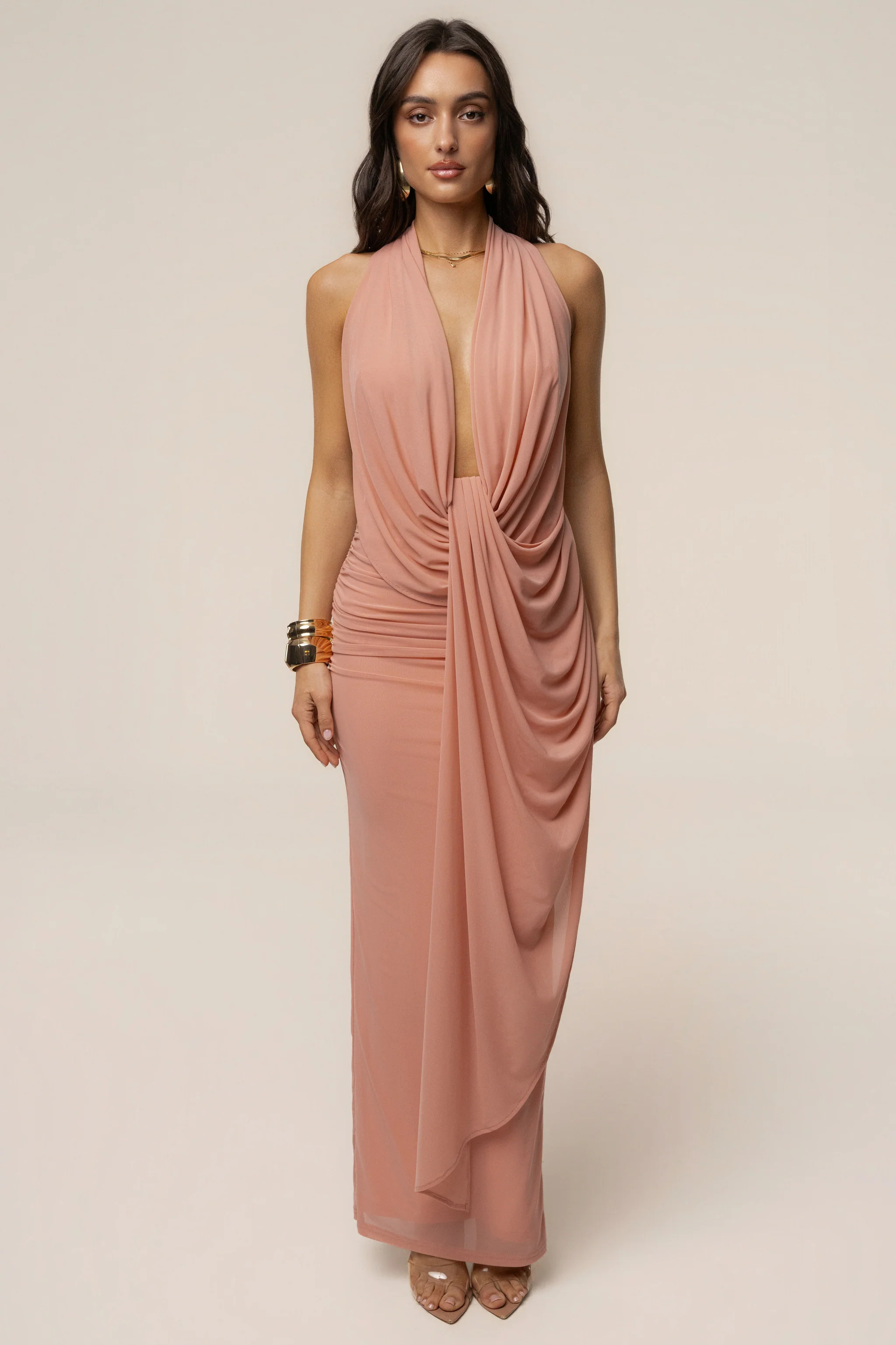 Peach Alaina Plunge Maxi Dress | JLUXLABEL US