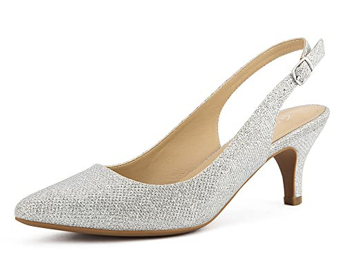 Greatonu Women Glitter Court Shoes Sexy Closed Toe Kitten Heels Silver Comfortable Slingback Dress Pumps Size 10 | Amazon (US)