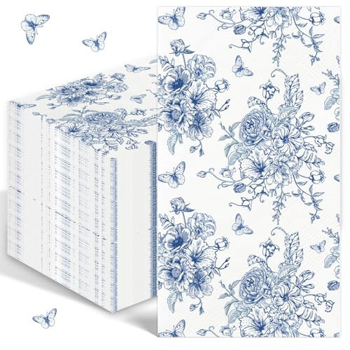 100PCS Blue Floral Napkins Disposable Hand Towels for Bathroom 3 Ply Blue and White Paper Napkins Decorative Flower Guest Napkins Chinoiserie Napkins for Wedding Bridal Shower Birthday Cocktail Party | Amazon (US)