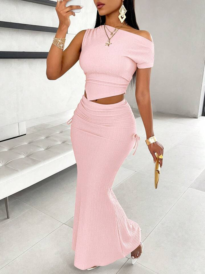 Ladies' Elegant Pleated One Shoulder Asymmetric Hem Top And Mermaid Midi Skirt Set | SHEIN