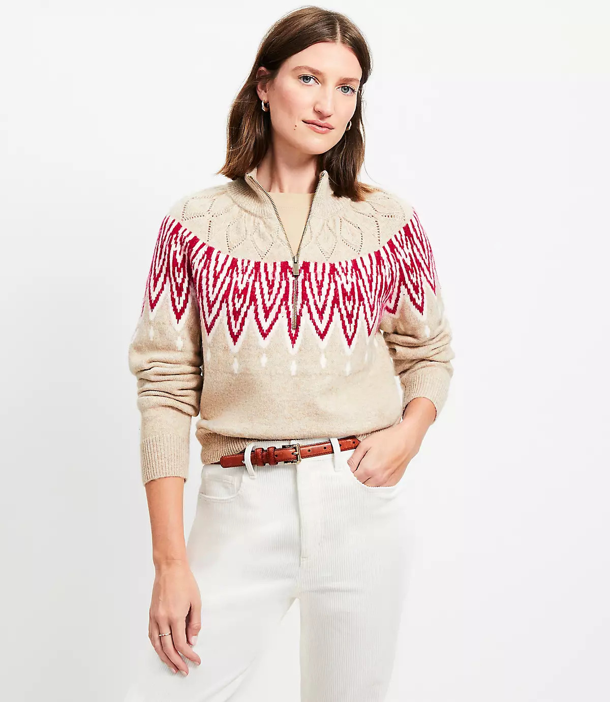 Pointelle Fair Isle Half Zip Sweater | LOFT