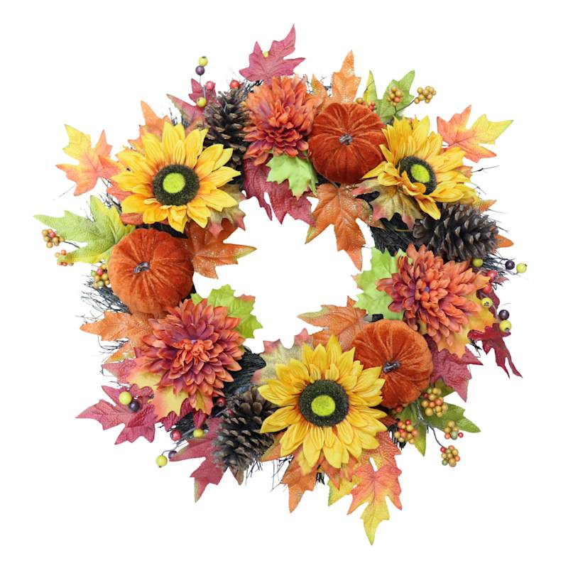 Yellow & Orange Sunflower & Brown Velvet Pumpkin Spiral Wreath, 22" | At Home