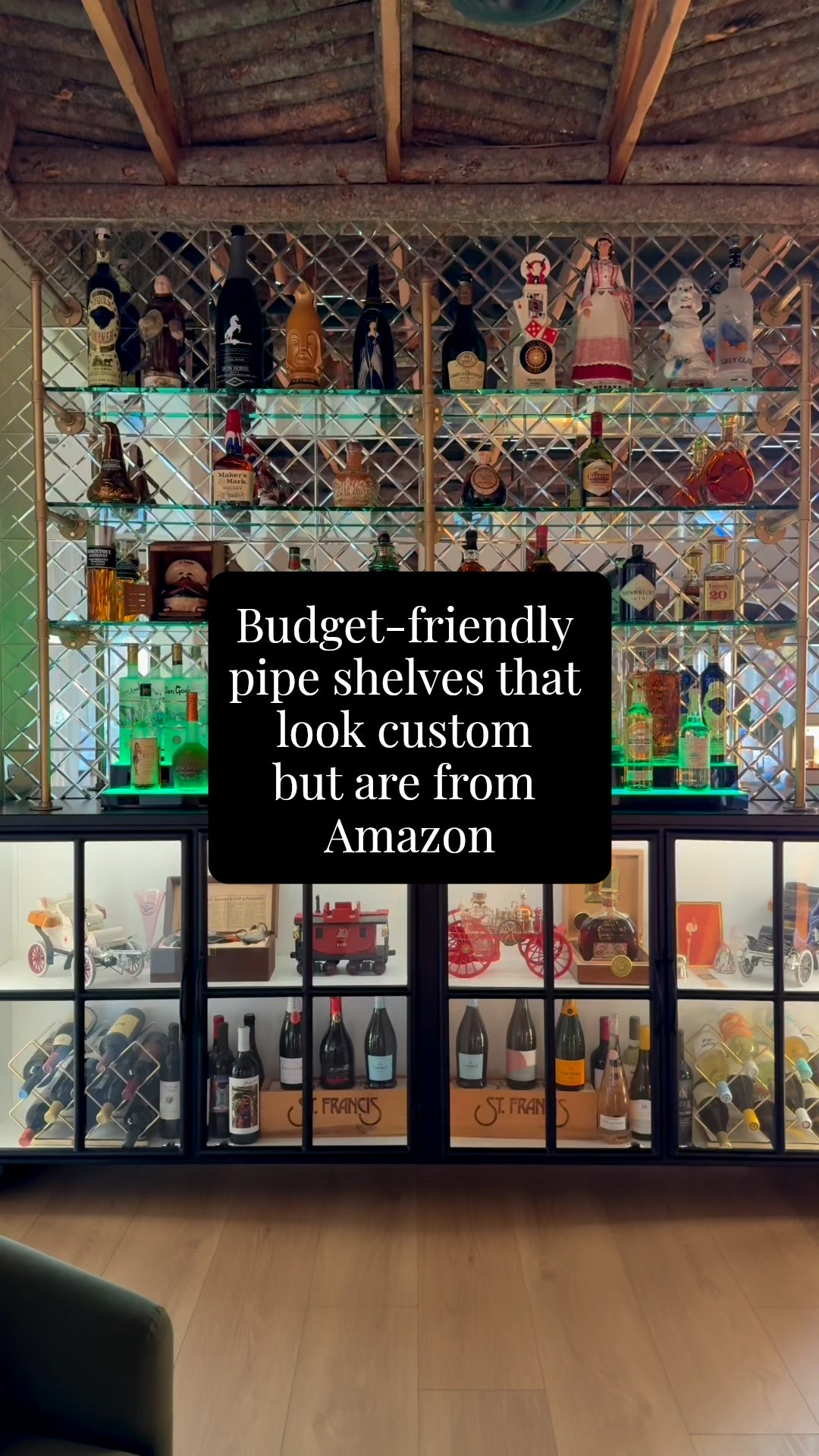 A home bar to display your family’s finest bottles and wine collection is made easy with these simple pipe rod shelves paired with custom 1/2 inch glass shelves. 