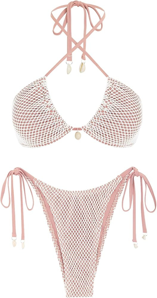 Amazon.com: ZAFUL Women's Triangle Bikini Multiway Fishnet Tie Side Bandeau Halter String Bikini ... | Amazon (US)