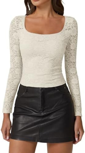 QINSEN Chic Floral Lace Crop Tops for Women Slim Fit Long Sleeve Square Neck Crop Tops Basic Goin... | Amazon (US)