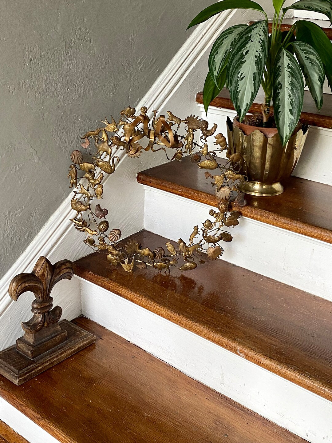 Vintage Brass Dresden Wreath with Animals and Bow | Etsy (US)