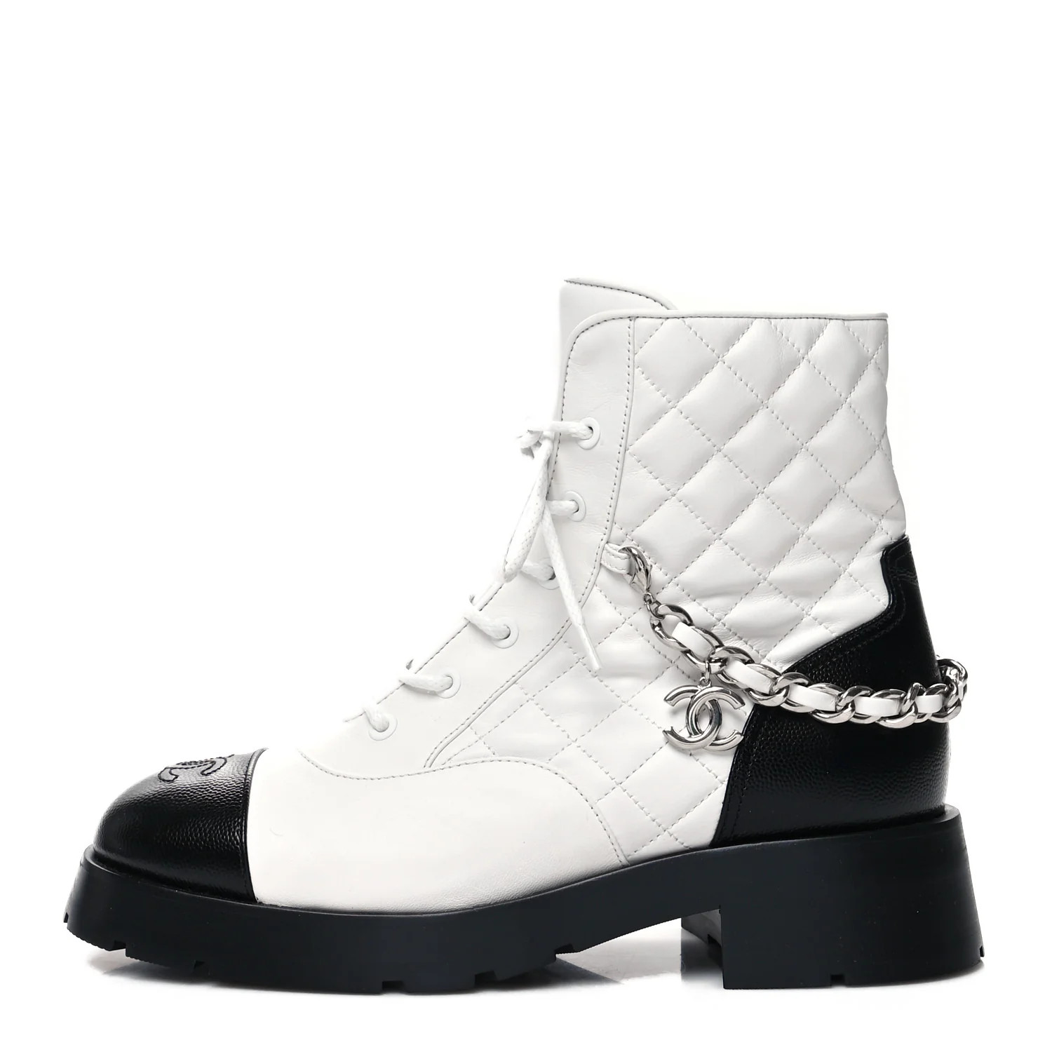 Caviar Calfskin Quilted Chain Lace Up Combat Boots 40 White Black | FASHIONPHILE (US)