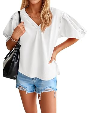 Tankaneo Womens Short Puff Sleeve T-Shirts V Neck Summer Casual Tops Loose Fit Cotton Blouse Tees... | Amazon (US)