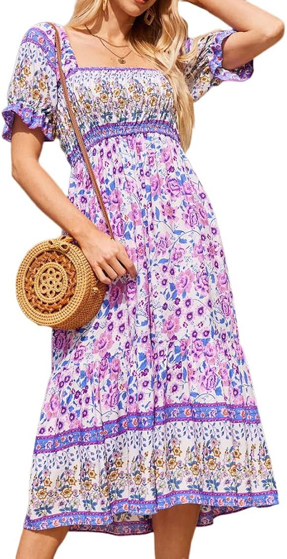 Locryz Womens Bohemian Elastic Square Neck Smocked Dress Off Shoulder Backless Ruffle Floral Long Mi | Amazon (US)
