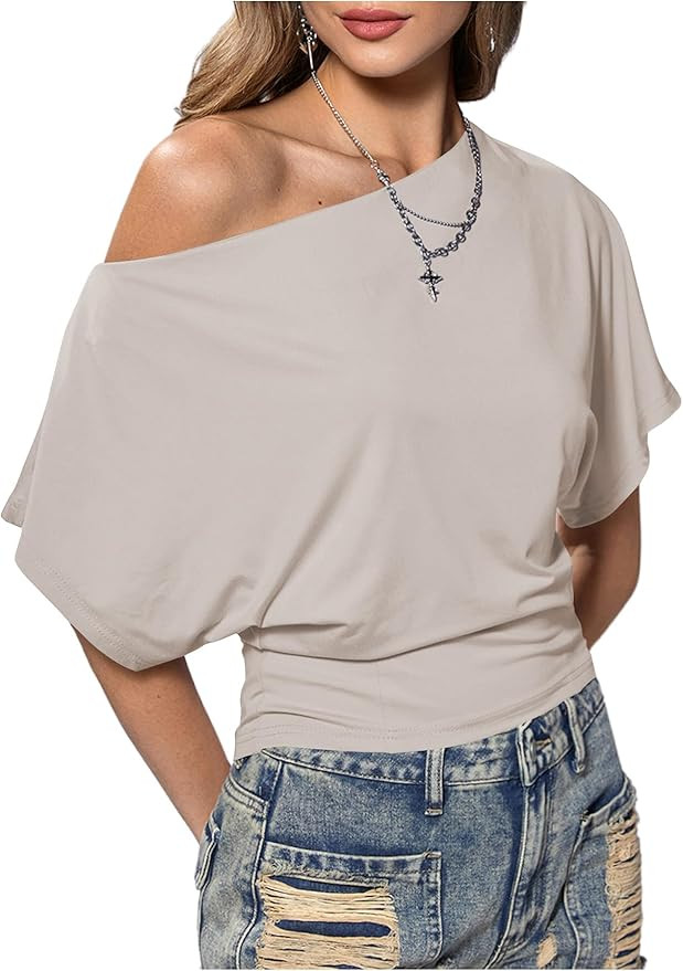 SweatyRocks Women's Off The Shoulder Crop Tops Asymmetrical Y2K Going Out Top Dolman Short Sleeve... | Amazon (US)
