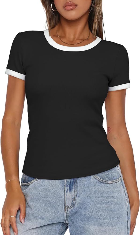 Darong Women Summer Short Sleeve Shirts Crewneck Striped Color Block T Shirts Slim Fit Ribbed Kni... | Amazon (US)