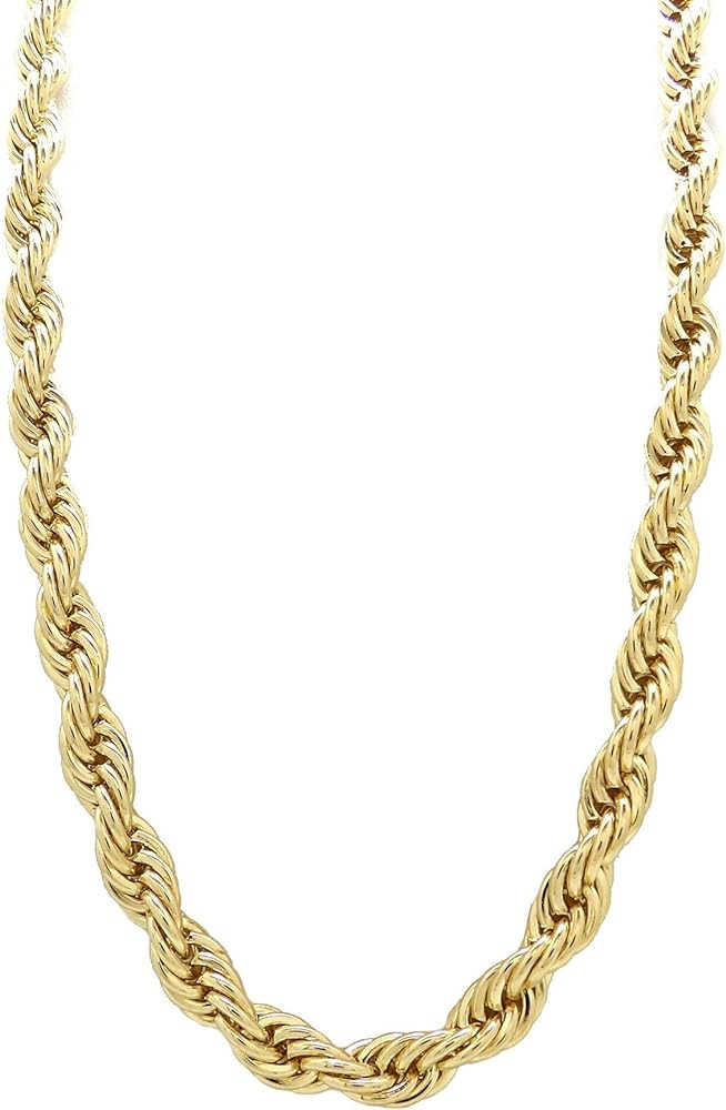 Hip Hop 80' Unisex Rapper's 8, 10, 12mm Hollow Rope Chain Necklace in Gold, Silver Tone | Amazon (US)