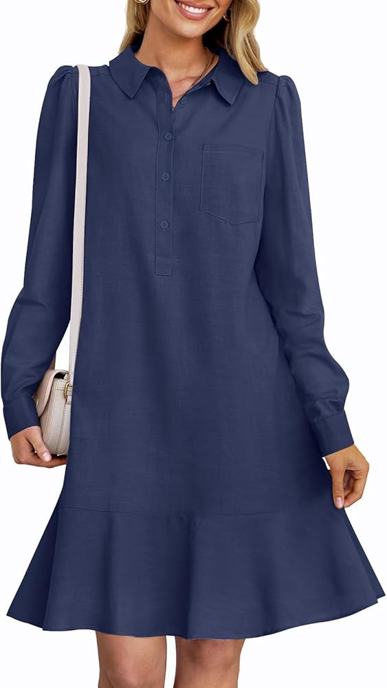 MEROKEETY Women's Long Sleeve Button Down Shirt Dress Ruffle Flowy Casual Tunic Shift Mini Dresse... | Amazon (US)