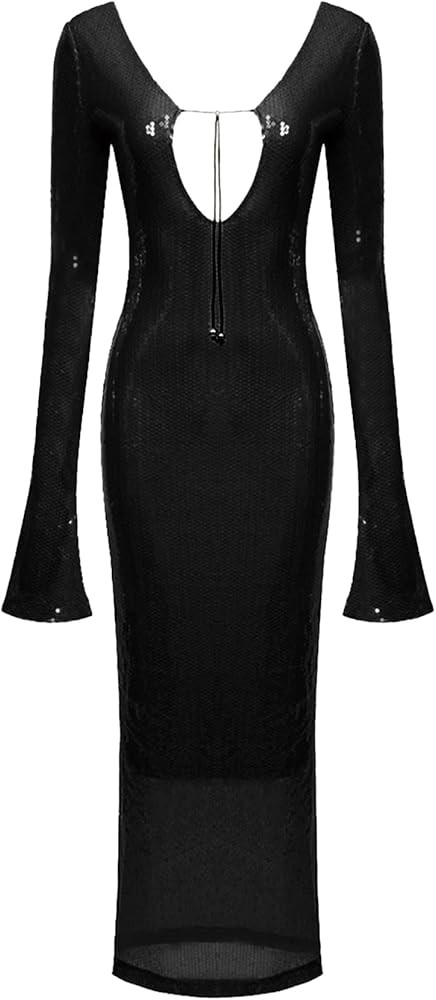 meilun Deep V Dress with Drawstring Long Sleeve Sequin Dress for Women Long Gown | Amazon (US)
