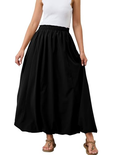 MSBESYOR Bubble Y2K Maxi Skirt for Women Summer Flowy Ruffle Skirts Elastic Waist Balloon Long Skirt Loose Puff Midi Skirts Black | Amazon (US)