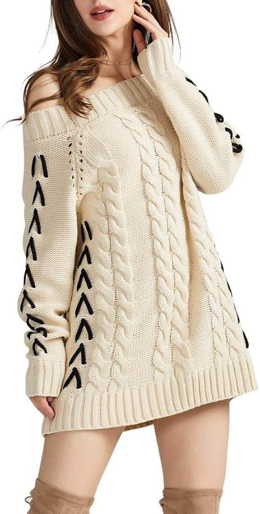 Women's Off Shoulder Pullover Sweater Dress Loose Knit Oversized Pullovers Top | Amazon (US)