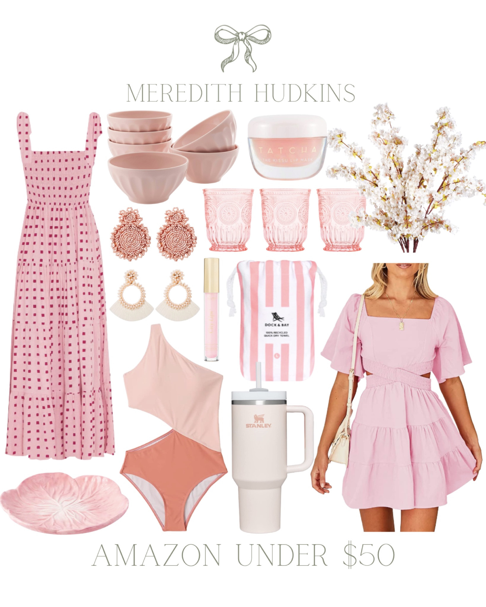 Spring fashion, summer fashion, Pink dress, sundress, cut out dress, cut out one piece swimsuit, Stanley cup, pink glasses, pink earrings, cherry blossom systems, kitchen, dining, hosting, drinking glasses, beaded earrings, lip gloss, docking bay quick dry beach towel, cabbage plate, Amazon home, Amazon fashion, ootd 

#LTKsalealert #LTKSeasonal #LTKunder50
