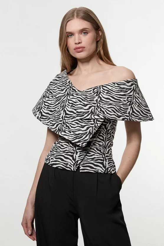 Zebra Jacquard Assymetric Neck Tailored Jacket | Karen Millen | Karen Millen UK + IE + DE + NL