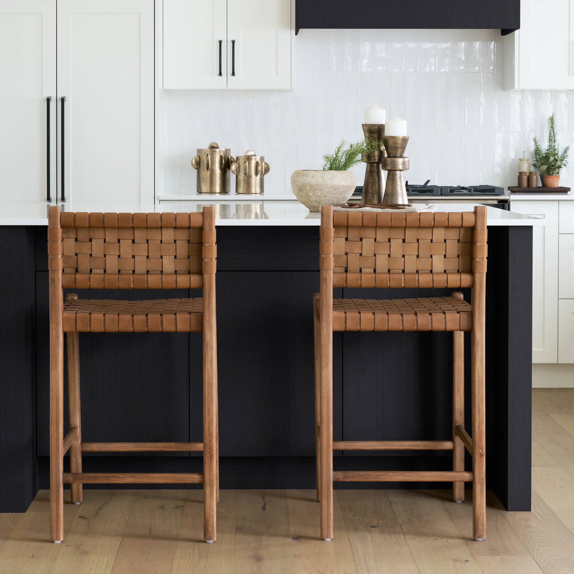 Ursulina Brown Wood W/ Woven Brown Leather Counter Stool | Joss & Main