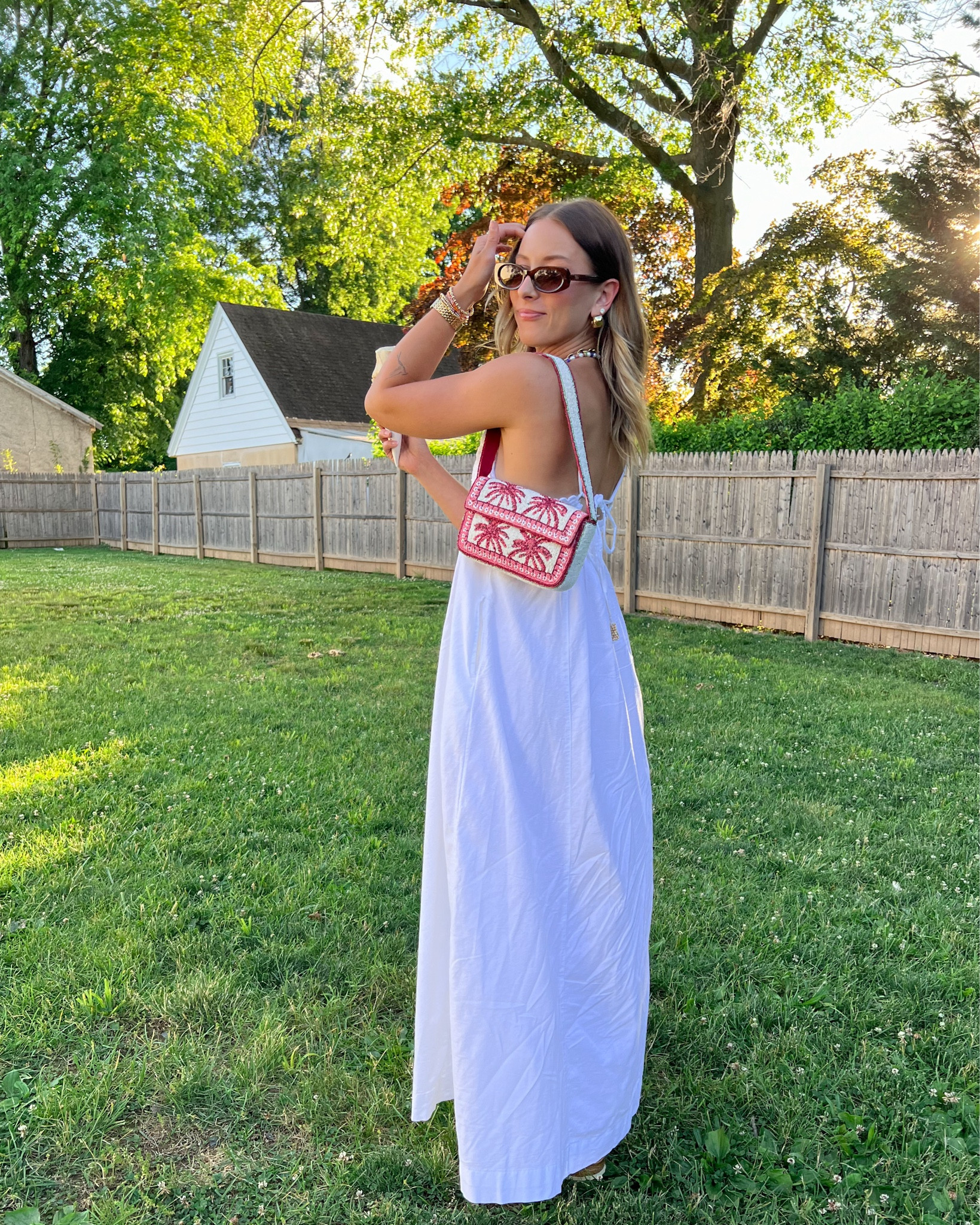 6/10/24 Casual dress outfit 🫶🏼 summer dress, summer dresses, white dress, maxi dress, birkenstock sandals, Birkenstocks, beaded bag, beaded shoulder bag

